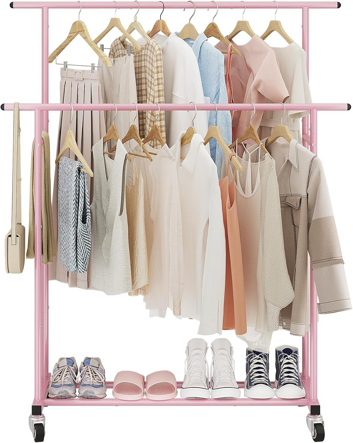 Pink Double Rod Clothes Rack with Wheels & Storage Shelf