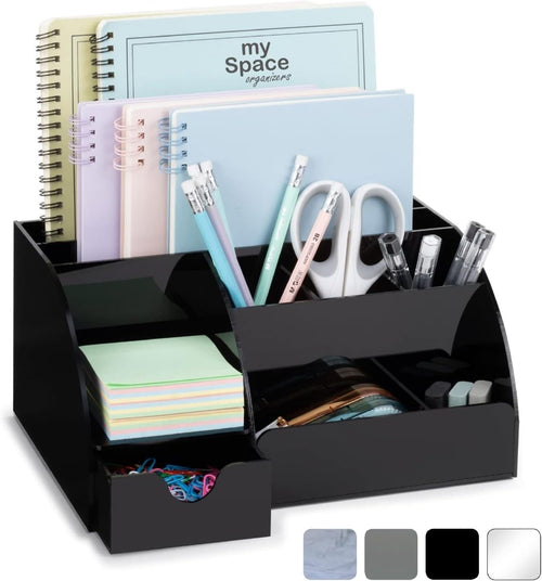 Acrylic Desk Organizer with Drawer, 9 Compartments for Office Supplies Black