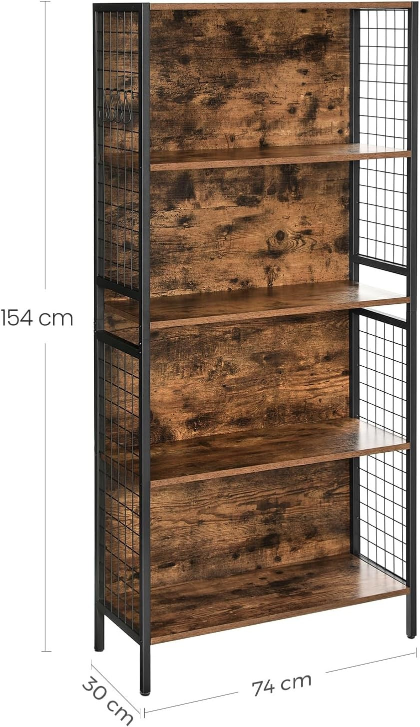 5-Tier Rustic Bookshelf with Hooks | Industrial Storage Shelving for Home Office