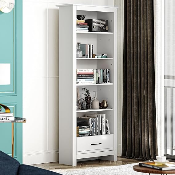 Tall 5 Tier White Bookcase with Drawer – Modern Storage Shelves for Home Office