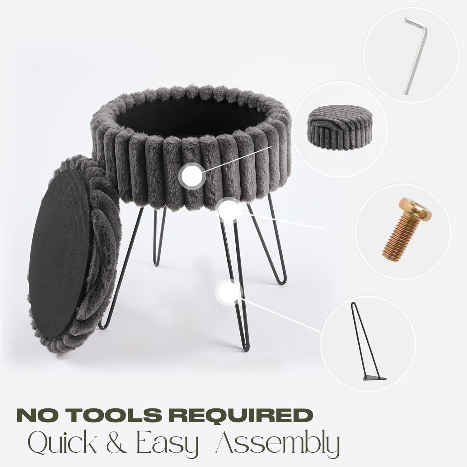 Charcoal Faux Fur Storage Stool Round Footrest Hairpin Leg Ottoman Seat