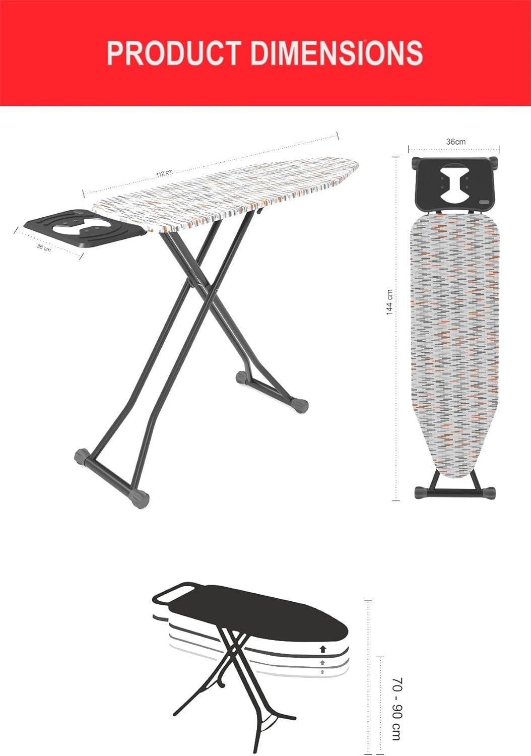 Ironing Board 36x112cm Adjustable Height Grey Orange Steam Rest Folding