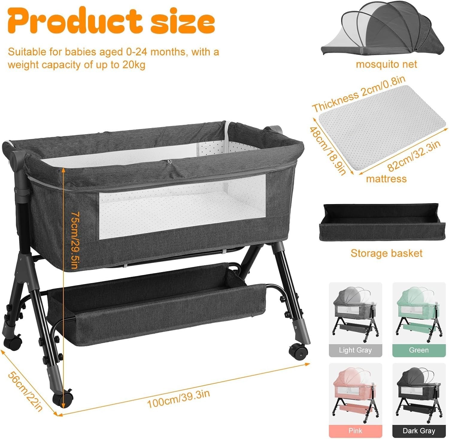 3in1 Baby Crib Bassinet Adjustable Travel Cot with Mattress & Storage Black