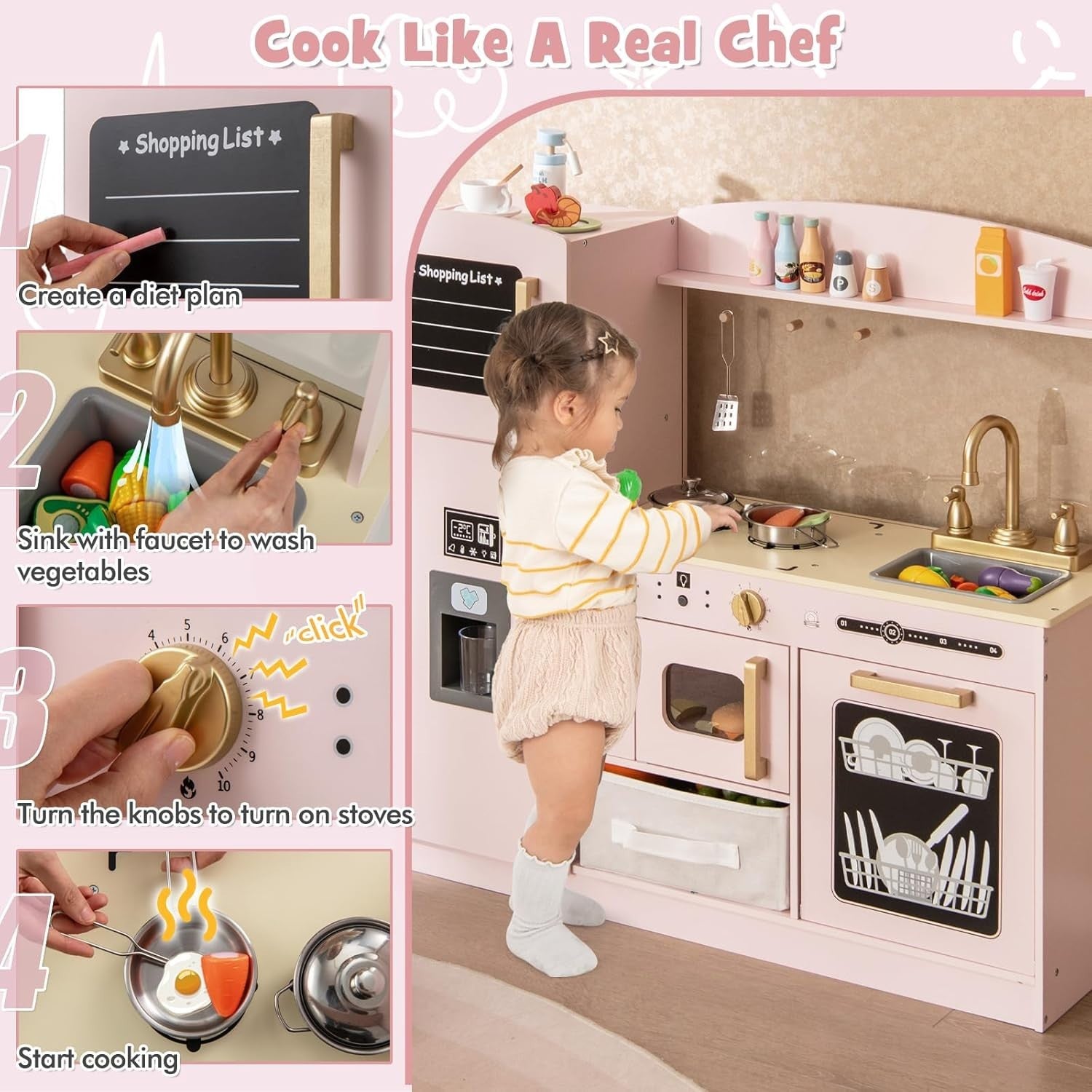 Kids Wooden Play Kitchen w/ Chalkboard Ice Maker Pink Toy