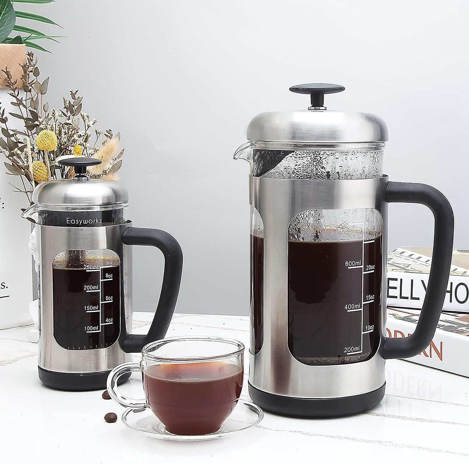 Stainless Steel French Press 1000ml Coffee & Tea Maker Borosilicate Glass Jug