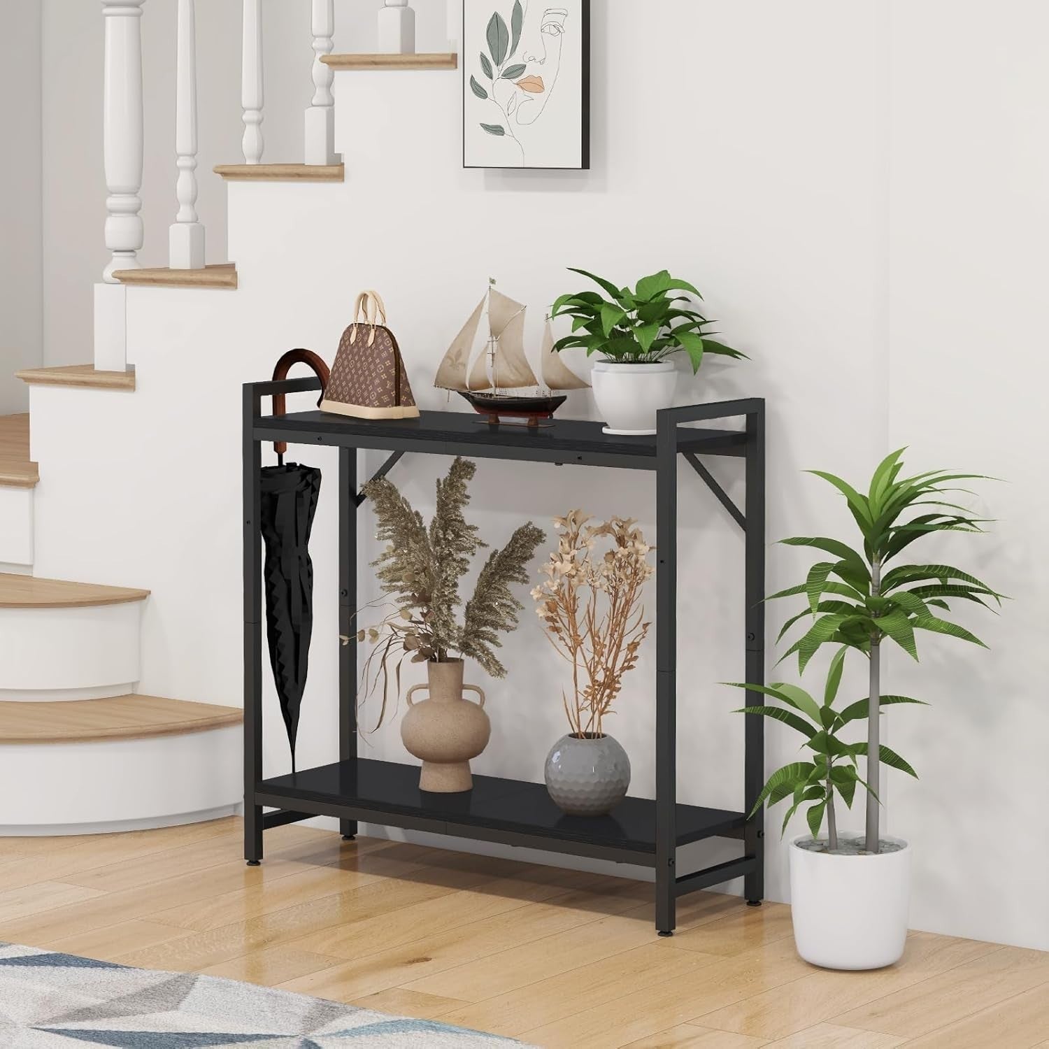 Narrow Console Table 2-Tier Entryway Shelf, Industrial Black, 29.5” W