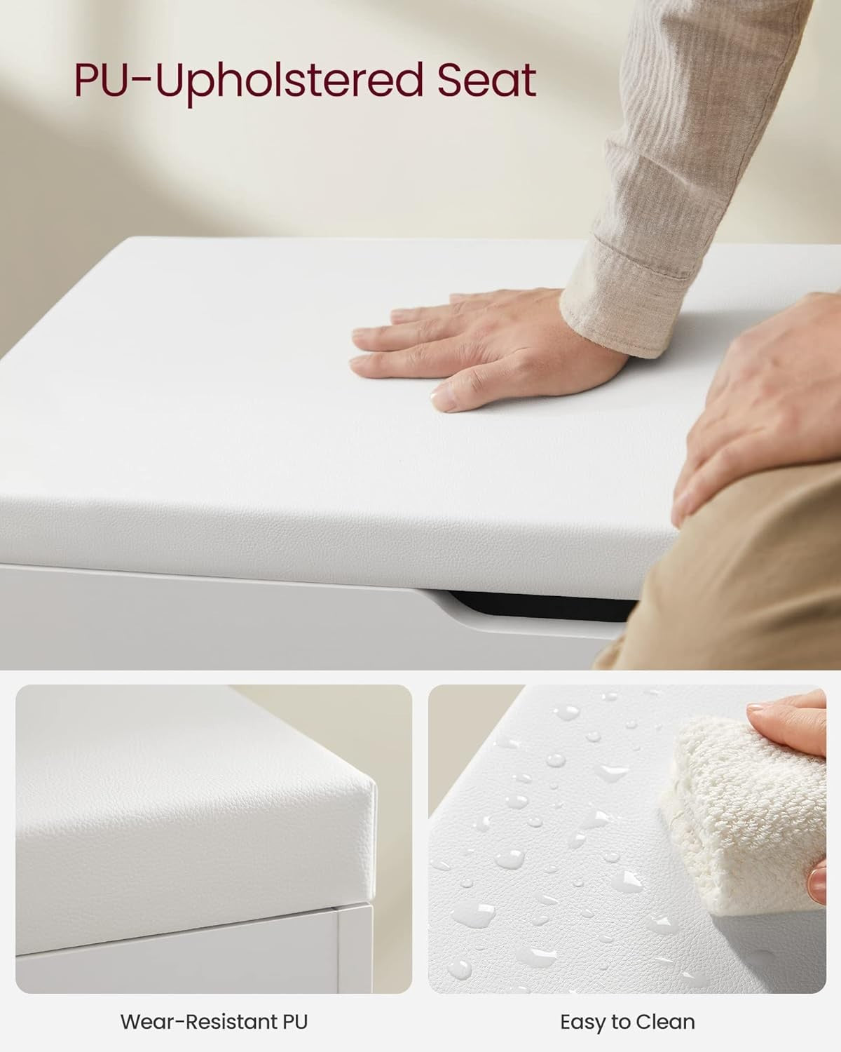 White Shoe Storage Bench with Cushion, 3 Compartments, Lift-Top Seat