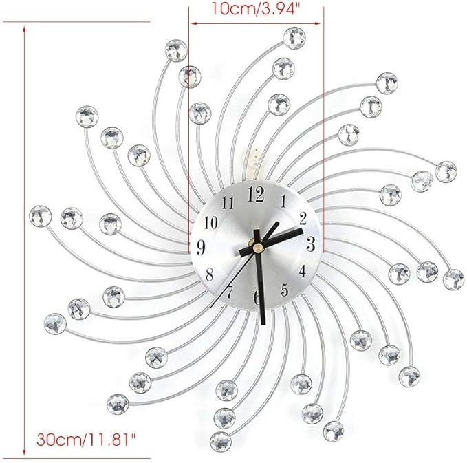 Stylish Silver 3D Crystal Wall Clock Silent Modern Diamond Design 30cm Home