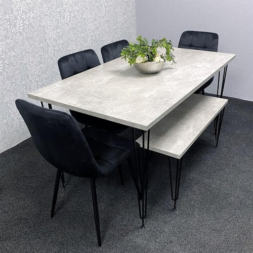 Grey Dining Table Set with Bench & 4 Black Velvet Chairs Hairpin Legs