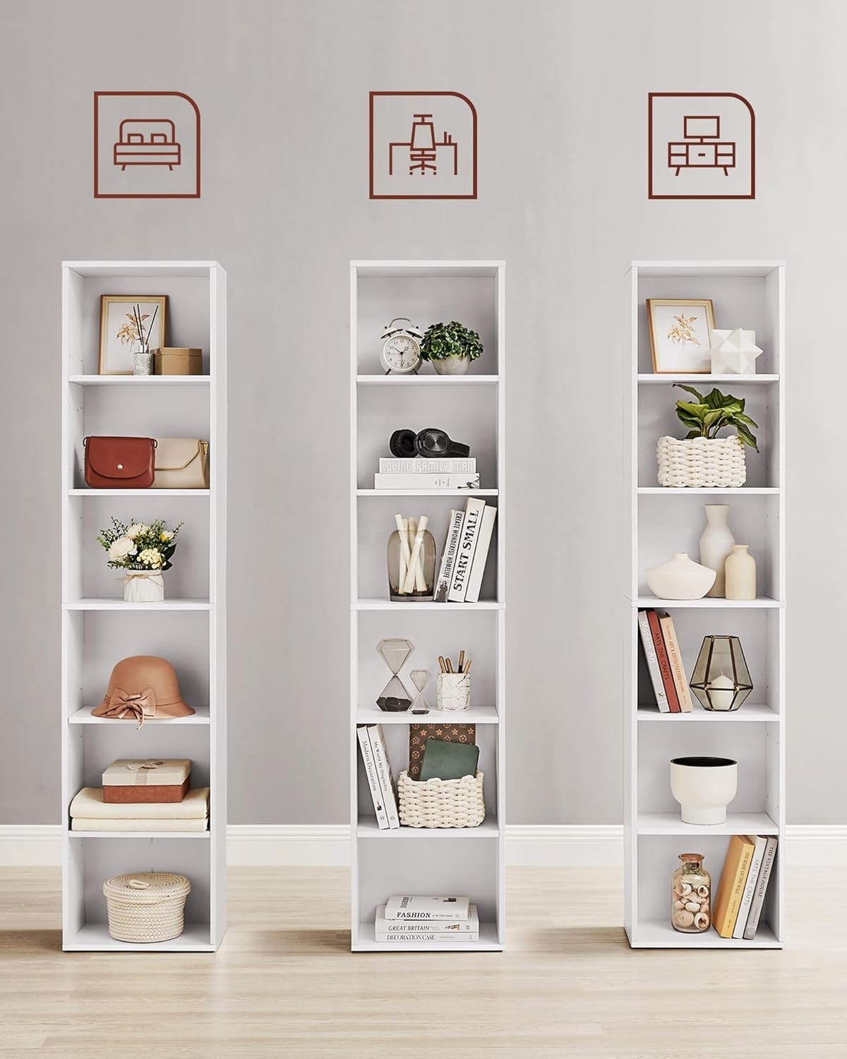 6 Tier White Wooden Bookcase Tall Storage Display Book Shelf for Living Room