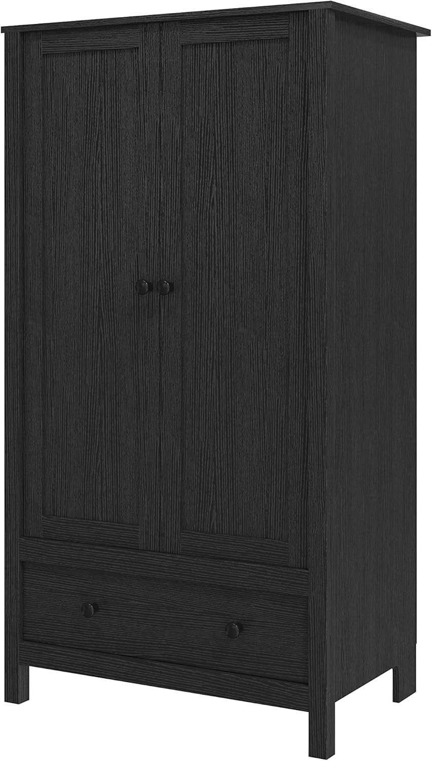 2 Door Wardrobe with Drawer Black Wooden Bedroom Storage Cupboard