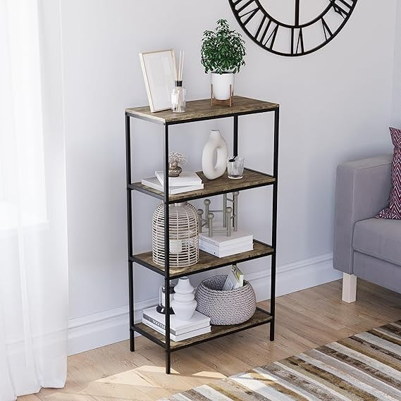 Modern Industrial 4-Tier Shelving Unit – Rustic Wood Storage Rack for Home Offic