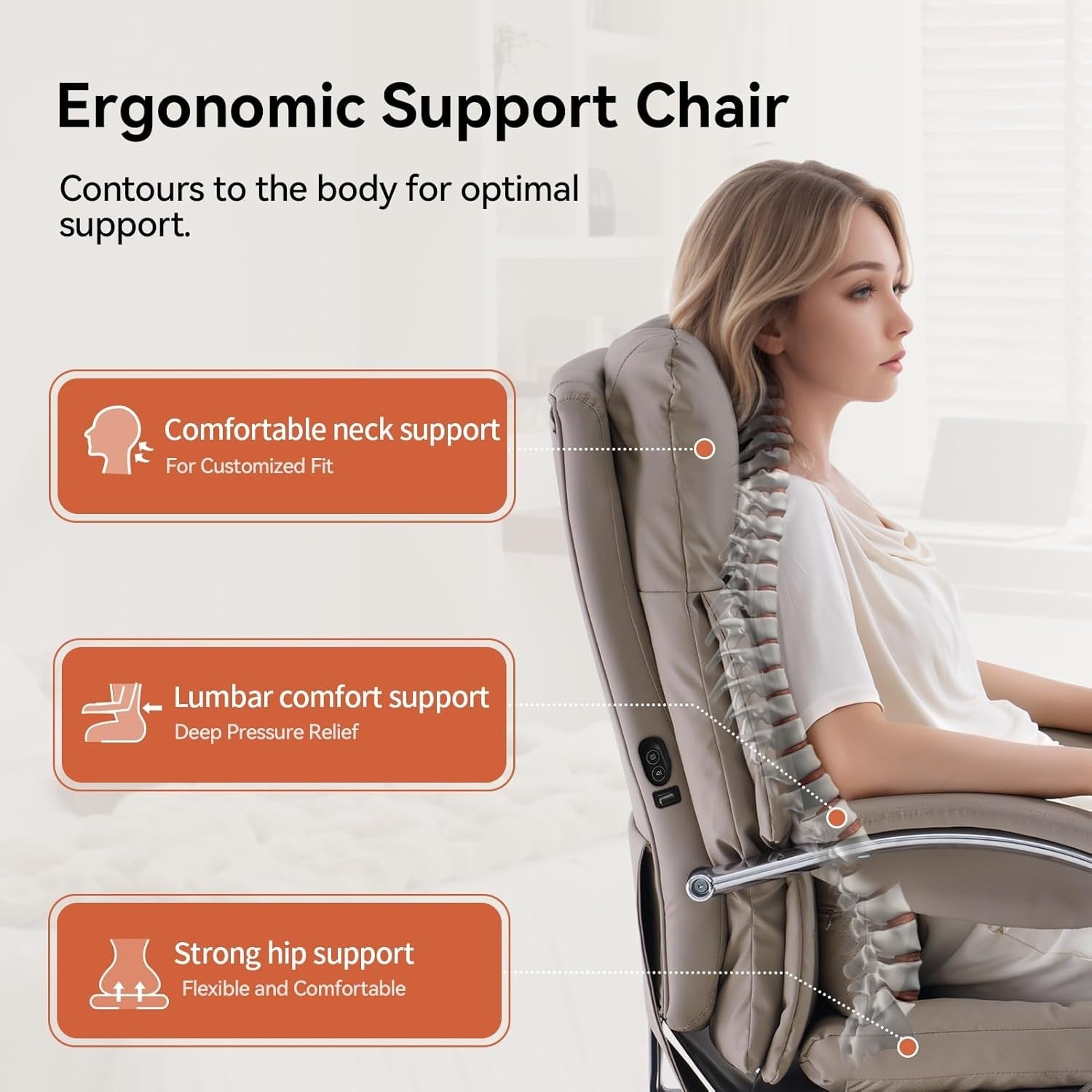 Heated Massage Office Chair Recliner Footrest Ergonomic High Back Khaki