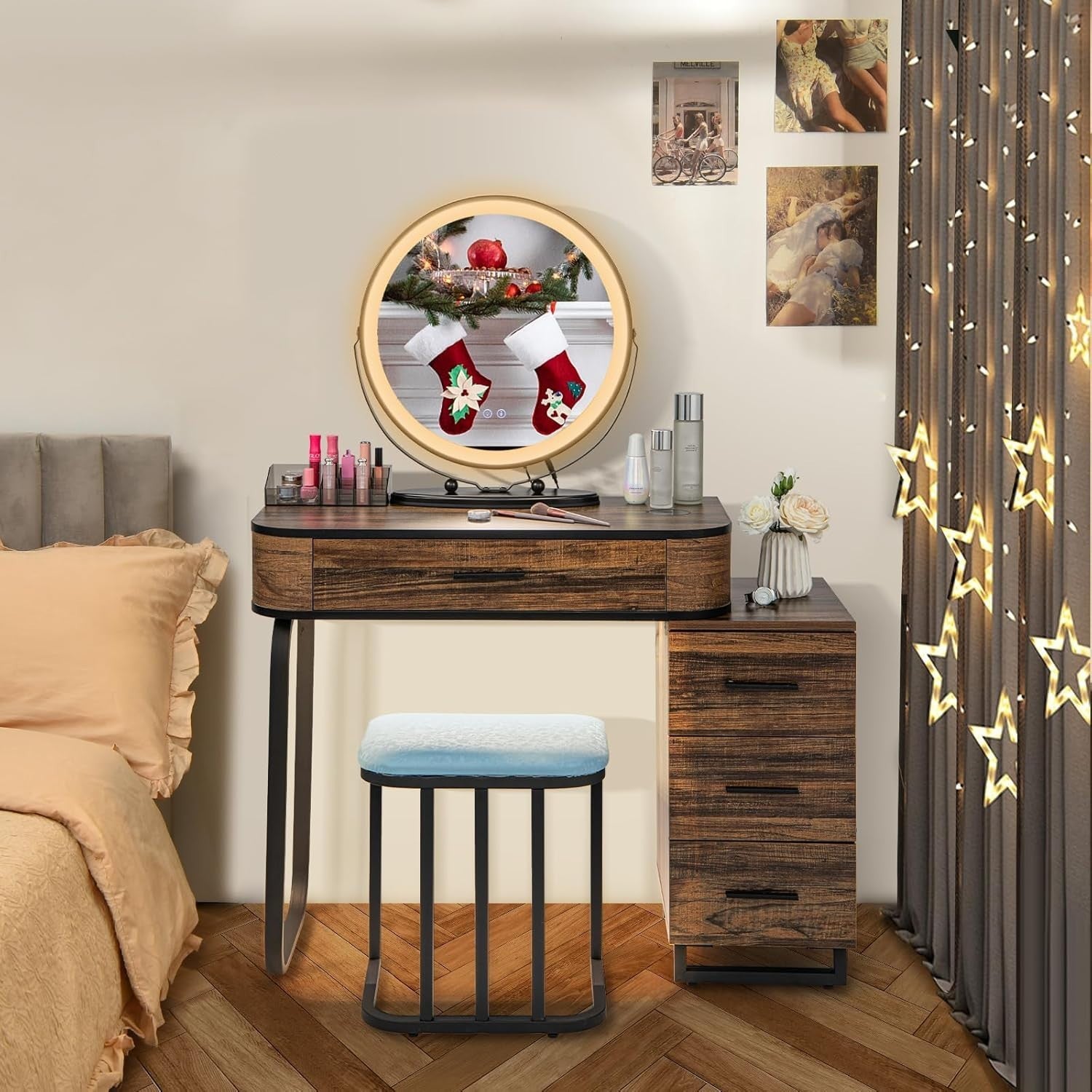 Vanity Makeup Dressing Table Stool Set LED Lighted Mirror Wireless Charger Brown