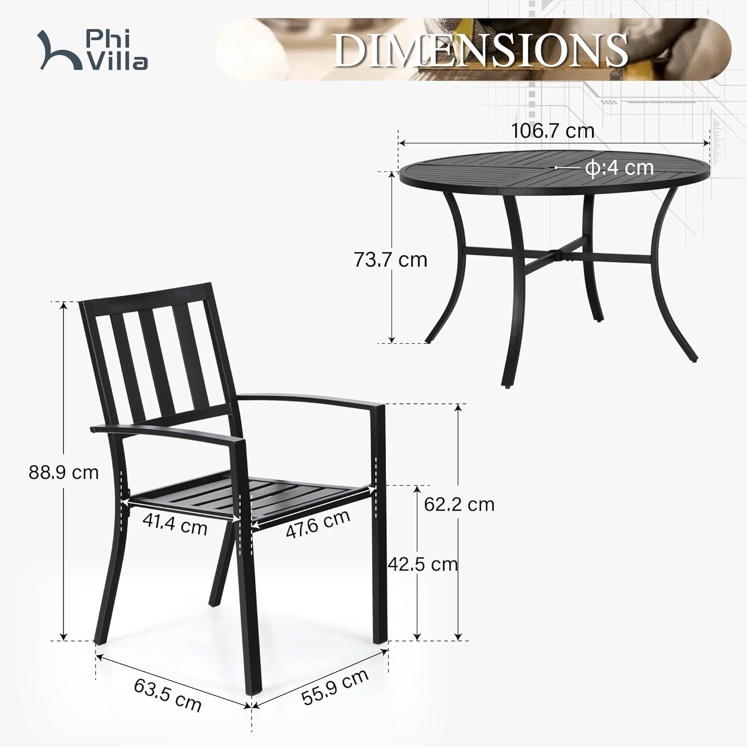 5 Piece Outdoor Patio Dining Set Metal Garden Table & Stackable Chairs