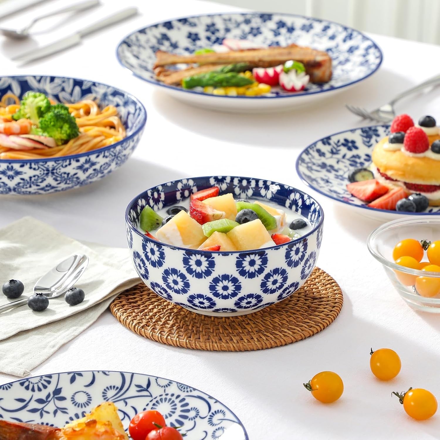 24pc Porcelain Dinnerware Set Blue White Plates Bowls Dishwasher Safe