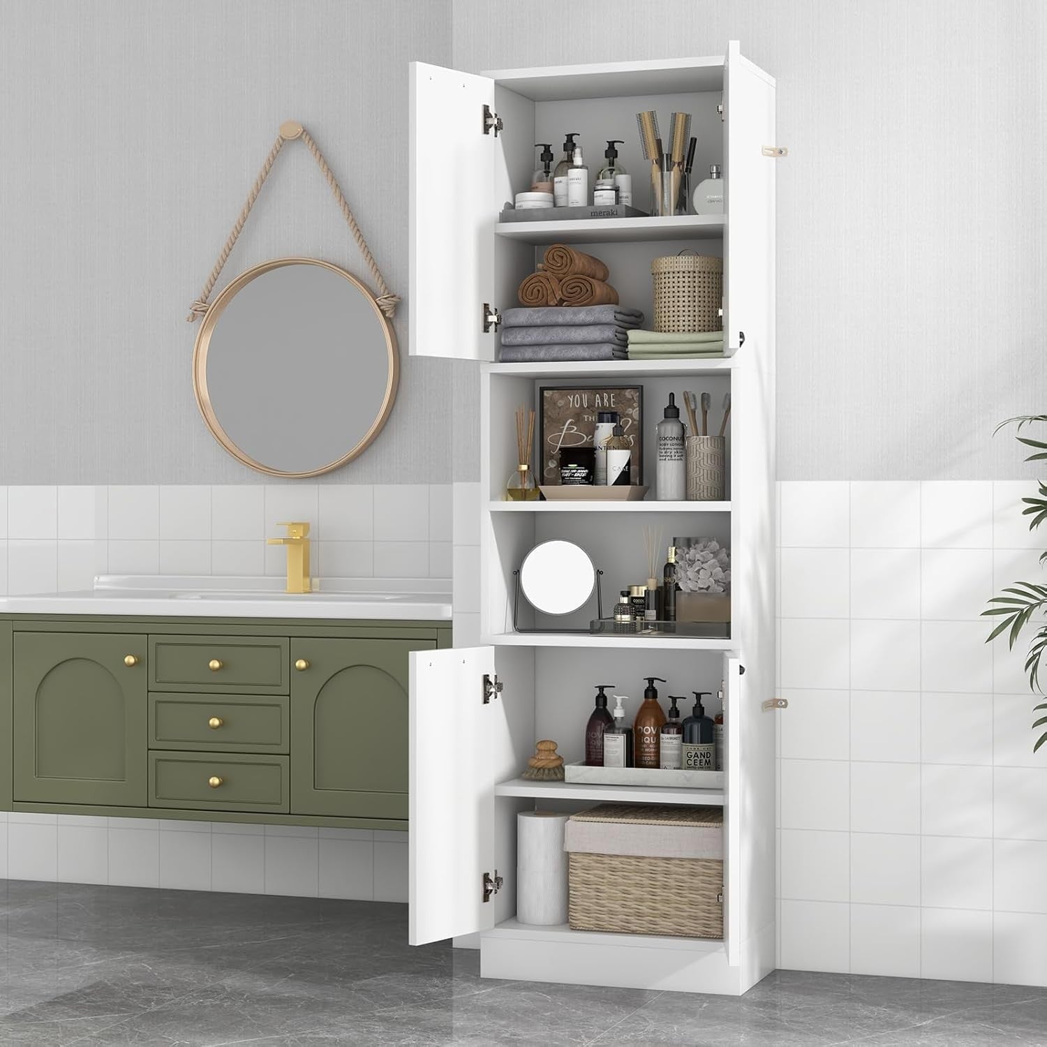 Tall White Kitchen Storage Cabinet 4 Door Freestanding Cupboard with Open Shelve