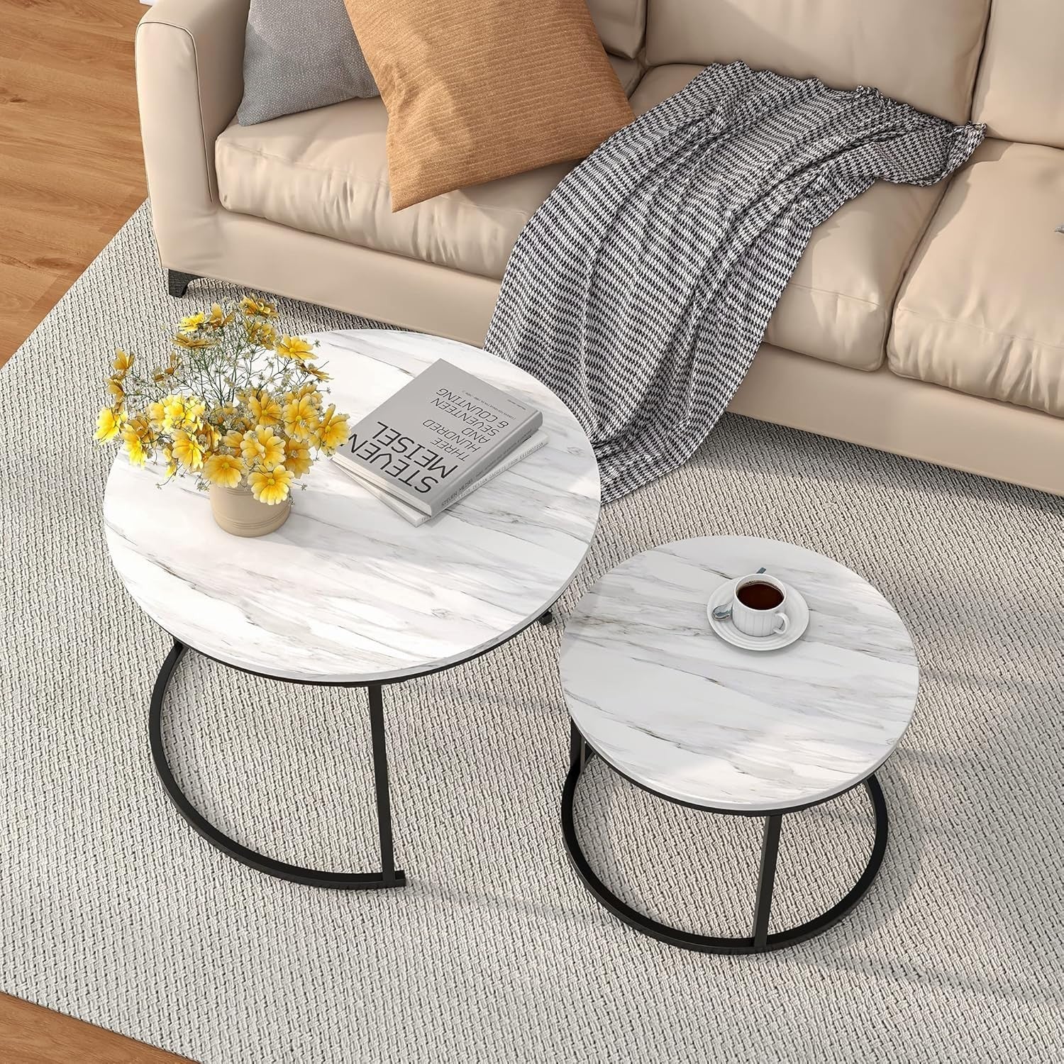Nesting Coffee Tables Set of 2 Round Faux Marble Side End Table Storage White