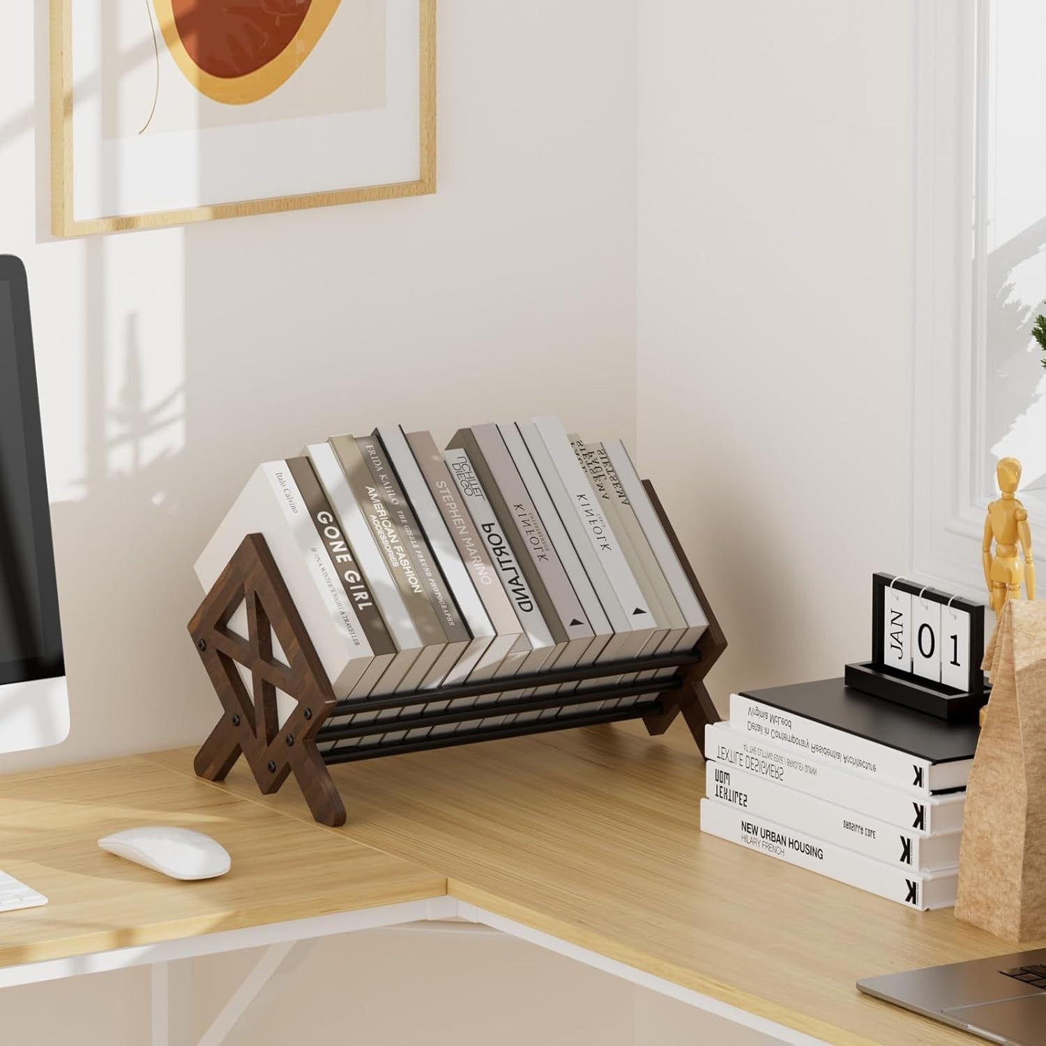 Wood Tilting Desktop Bookcase Organizer Rack for Books CDs Magazines Brown