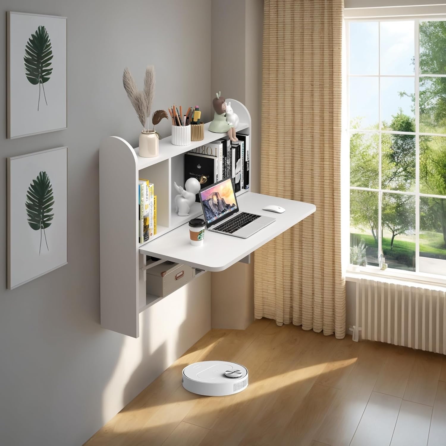 Wall Mounted Folding Desk Floating Laptop Table with Shelves Storage White