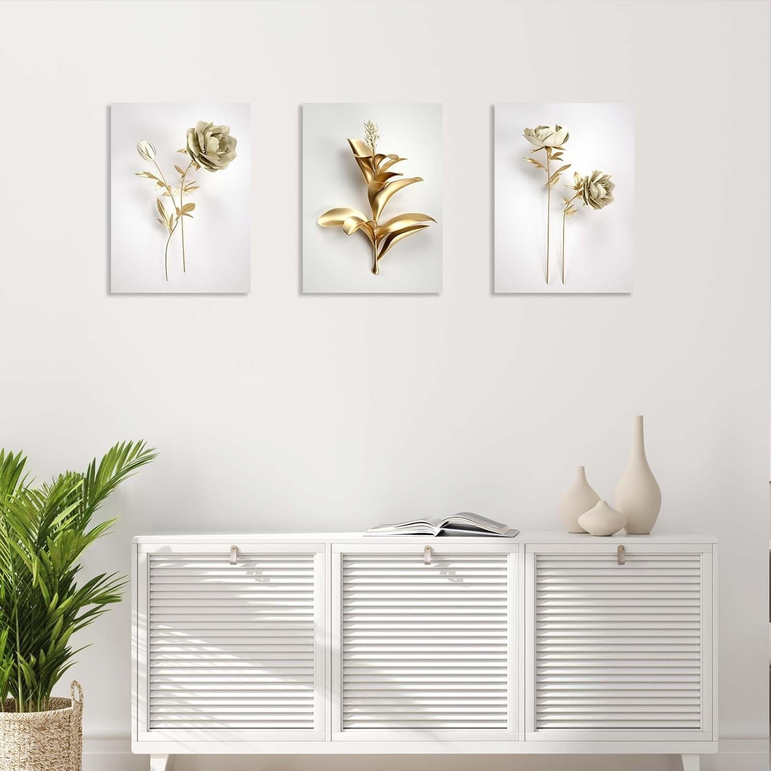 3-Piece 3D Gold Flower Canvas Wall Art – Luxury Modern Floral 12x16in