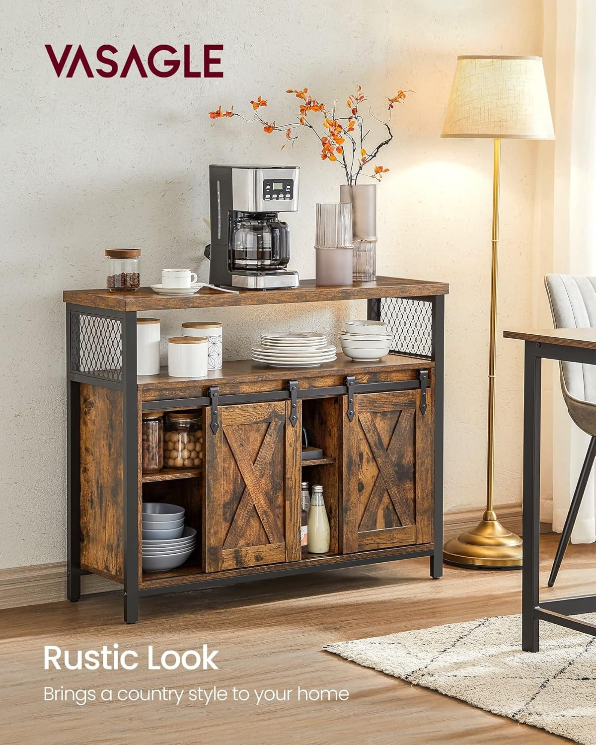 Rustic Brown Industrial Sideboard Cabinet Sliding Doors Storage Unit