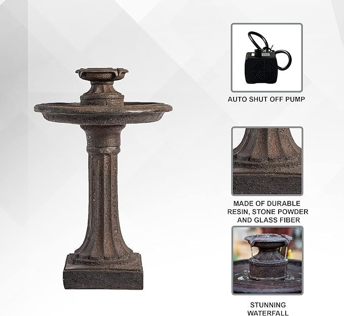 Outdoor Water Fountain Bird Bath – 28" Resin Garden Cascade Feature