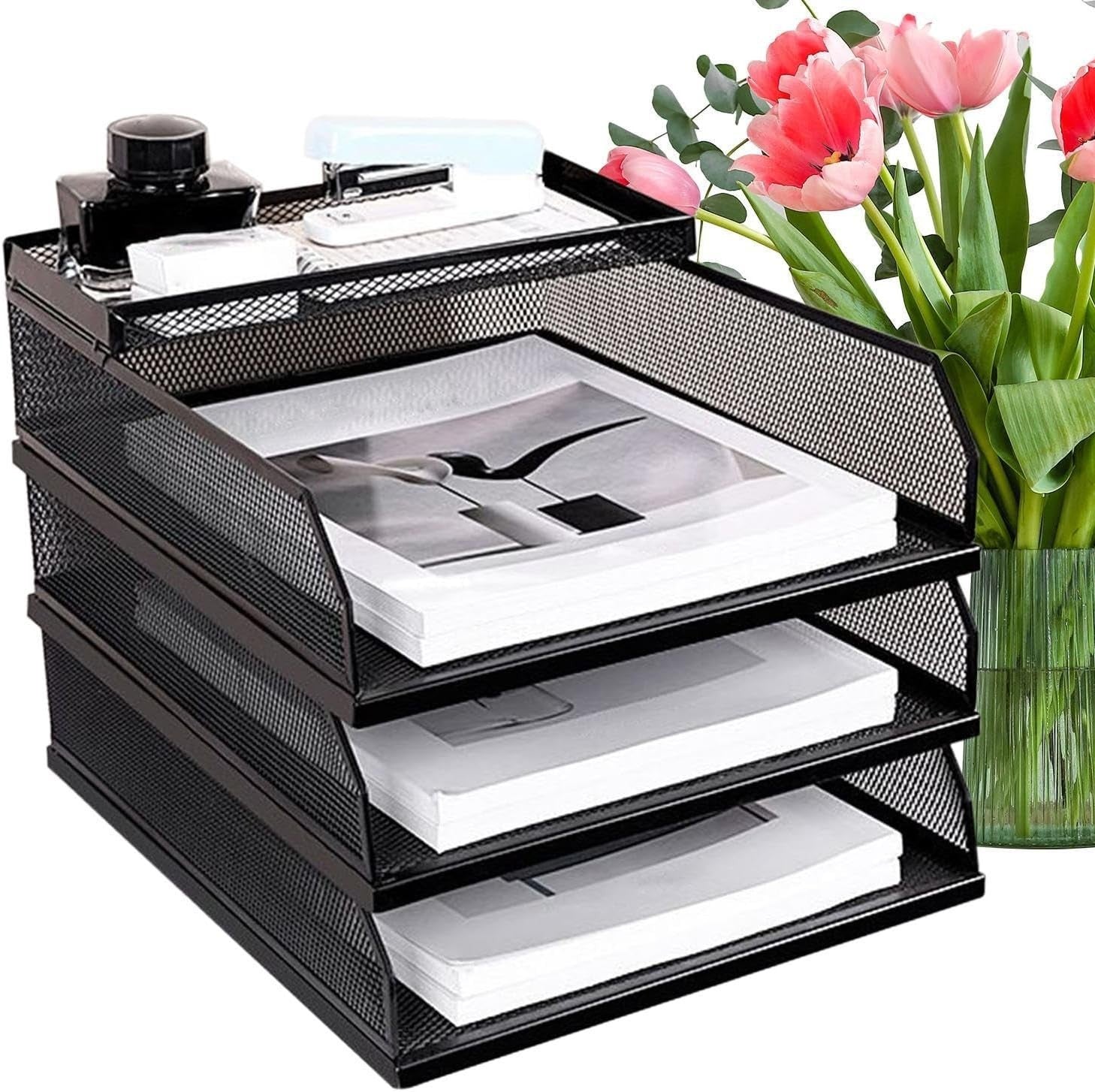 Desk File Organizer Vertical Mesh Paper Tray | 3-Layer Stackable Office Storage