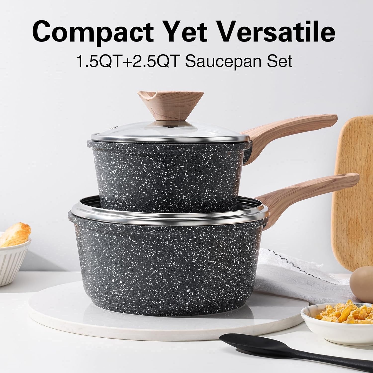 2Pcs Granite Non Stick Saucepan Set with Lids, 16cm & 20cm, Induction Compatible