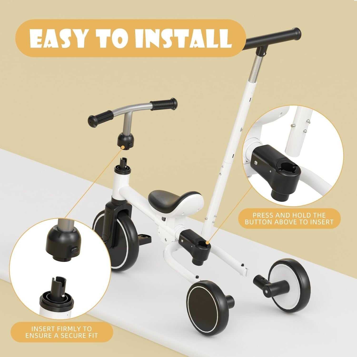 5 In 1 Toddler Tricycle Balance Bike Push Handle Adjustable Seat White