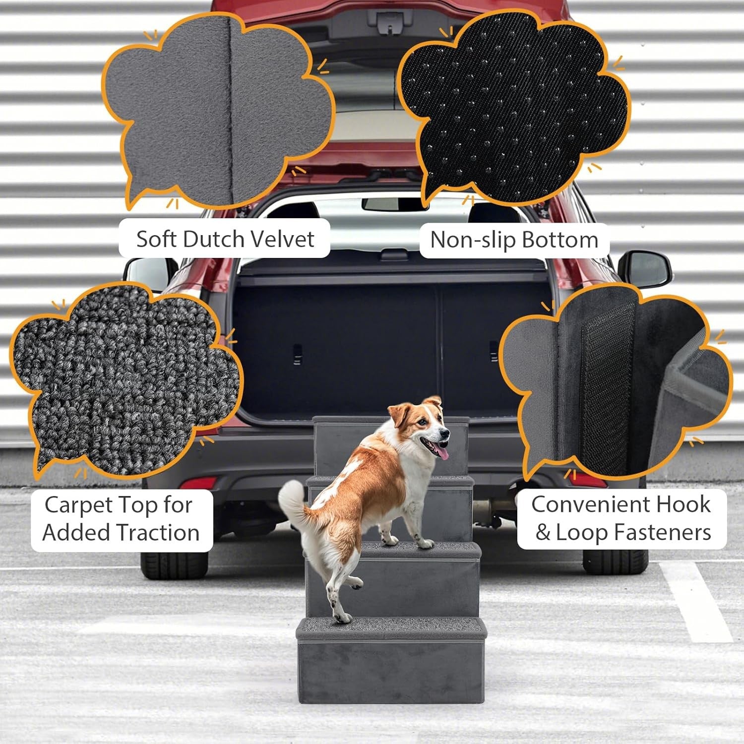4-Step Non-Slip Dog Stairs with Storage – Grey 58 cm H