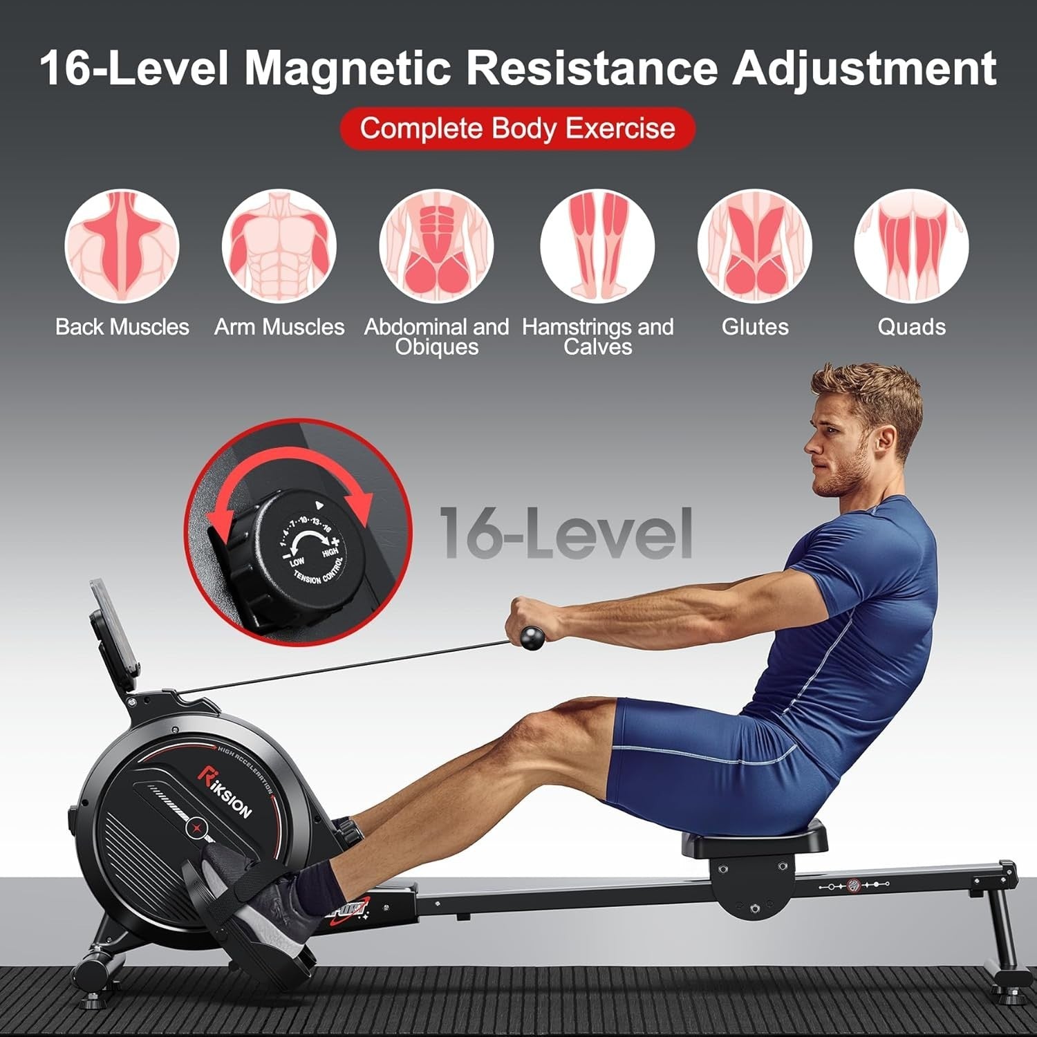 Magnetic Rowing Machine Foldable 350LB Quiet 8-Level Bluetooth App Home Fitness