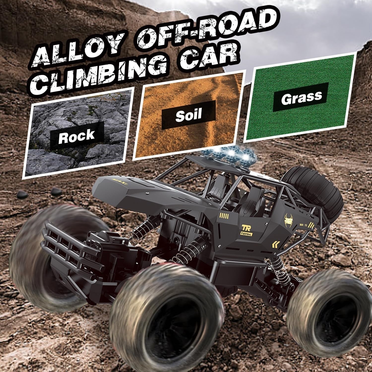 1:12 RC Monster Truck 4WD 2.4GHz Rock Crawler Metal Shell LED Car with 2 Batteri