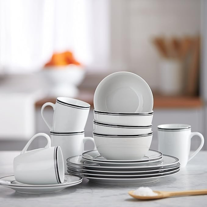 16pc Porcelain Dinnerware Set Black Stripe Plates Bowls Mugs Dishwasher Safe