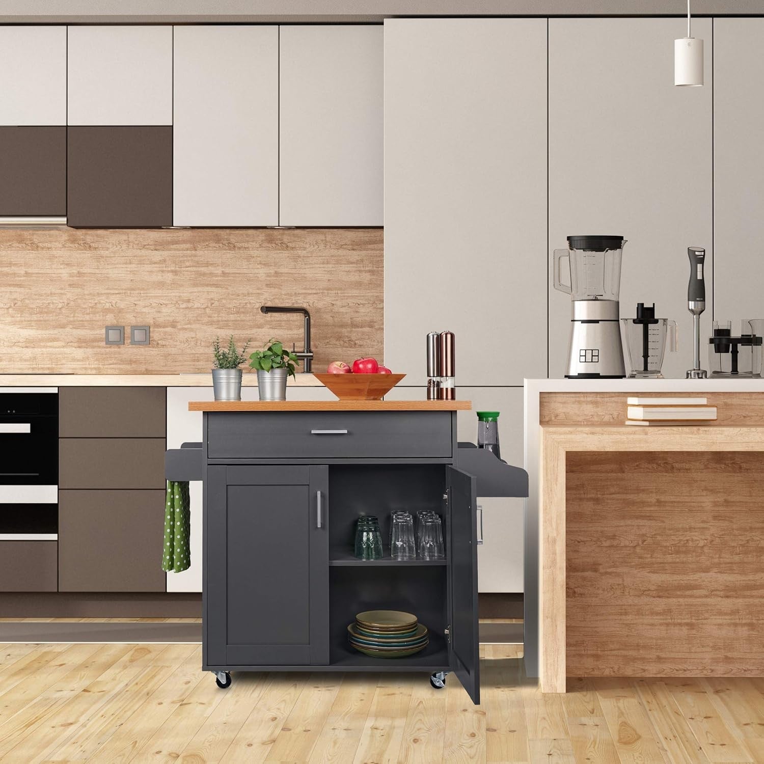 Kitchen Trolley on Wheels Storage Cabinet with Wooden Top & Drop Leaf