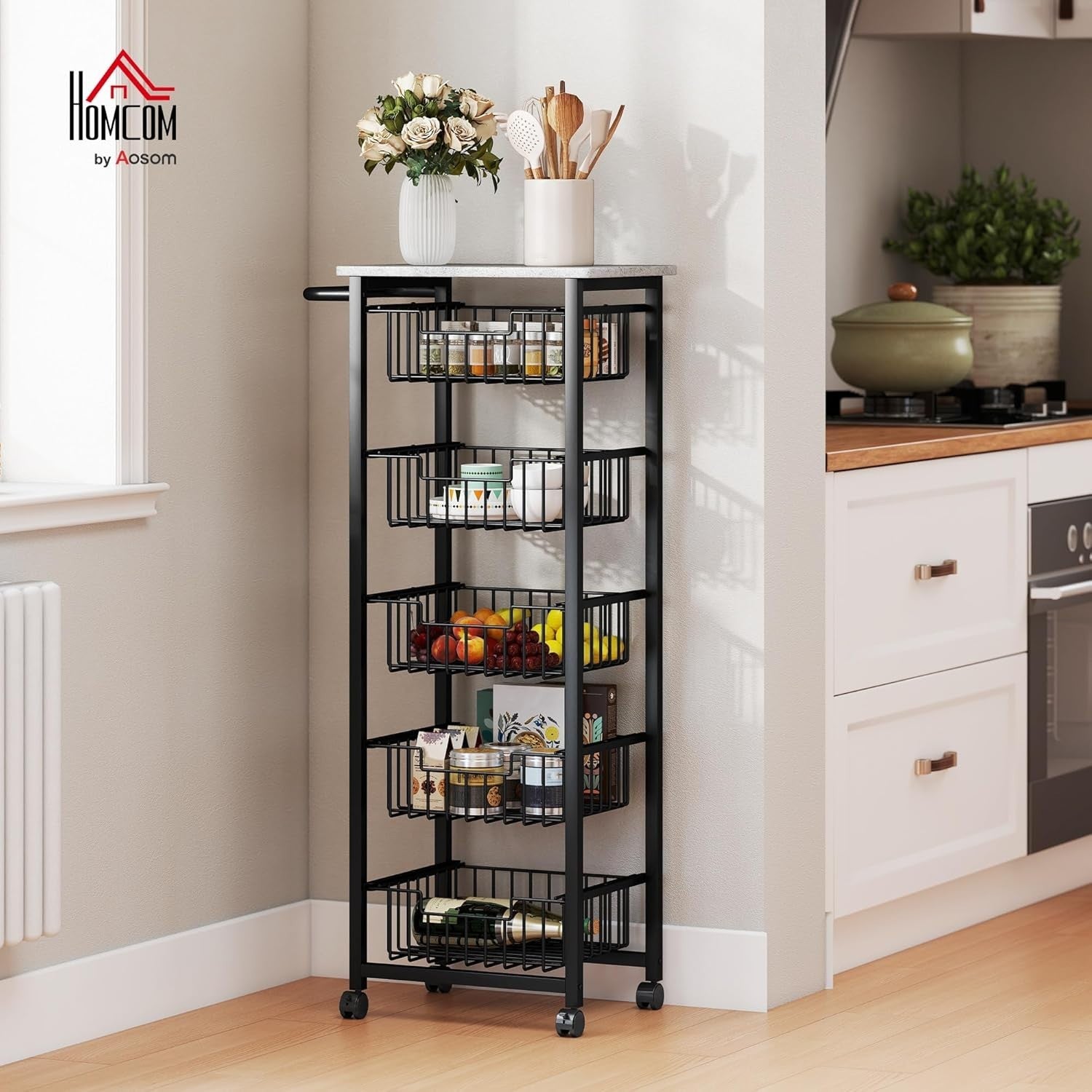 5 Tier Rolling Kitchen Island Cart Storage Trolley Mesh Baskets Grey