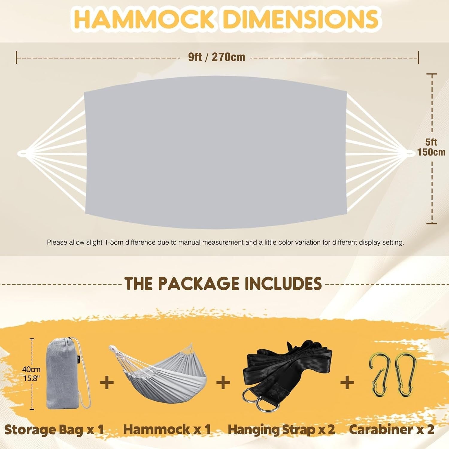 Heavy-Duty Cotton Camping Hammock with Tree Straps & Travel Bag, 300kg Load