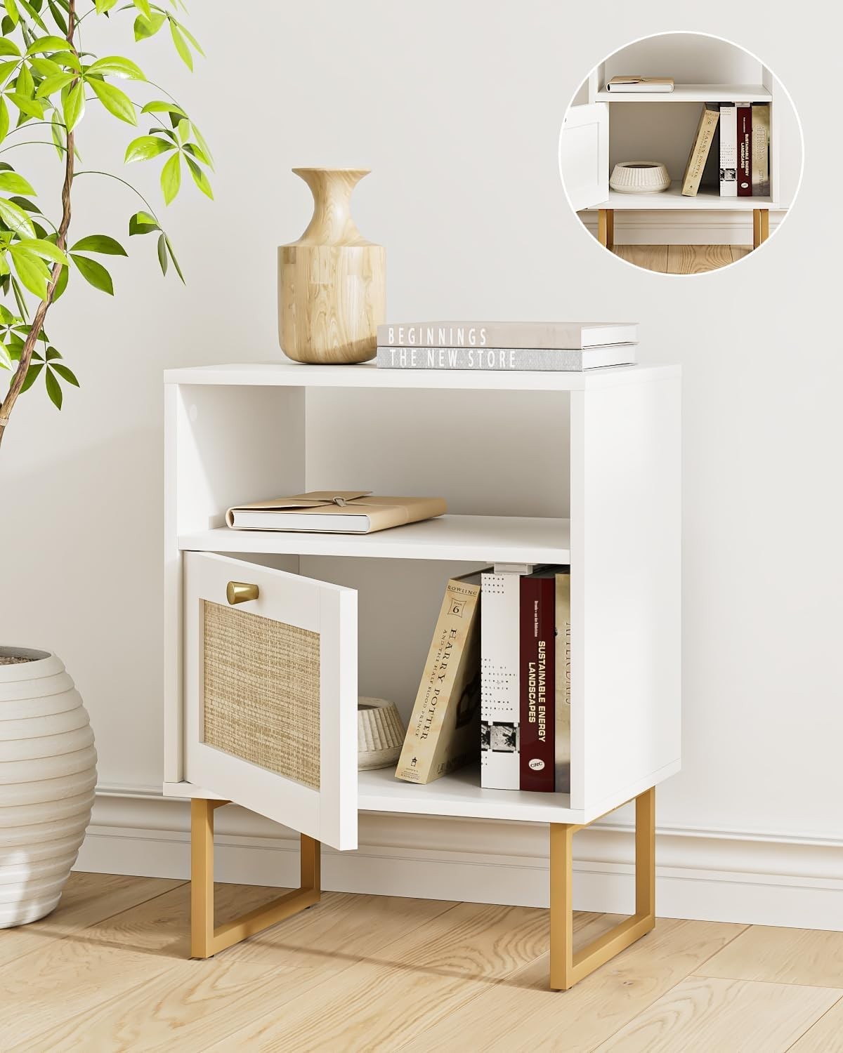 White Rattan Bedside Table with Drawer XL Nightstand Boho Oak Side Table