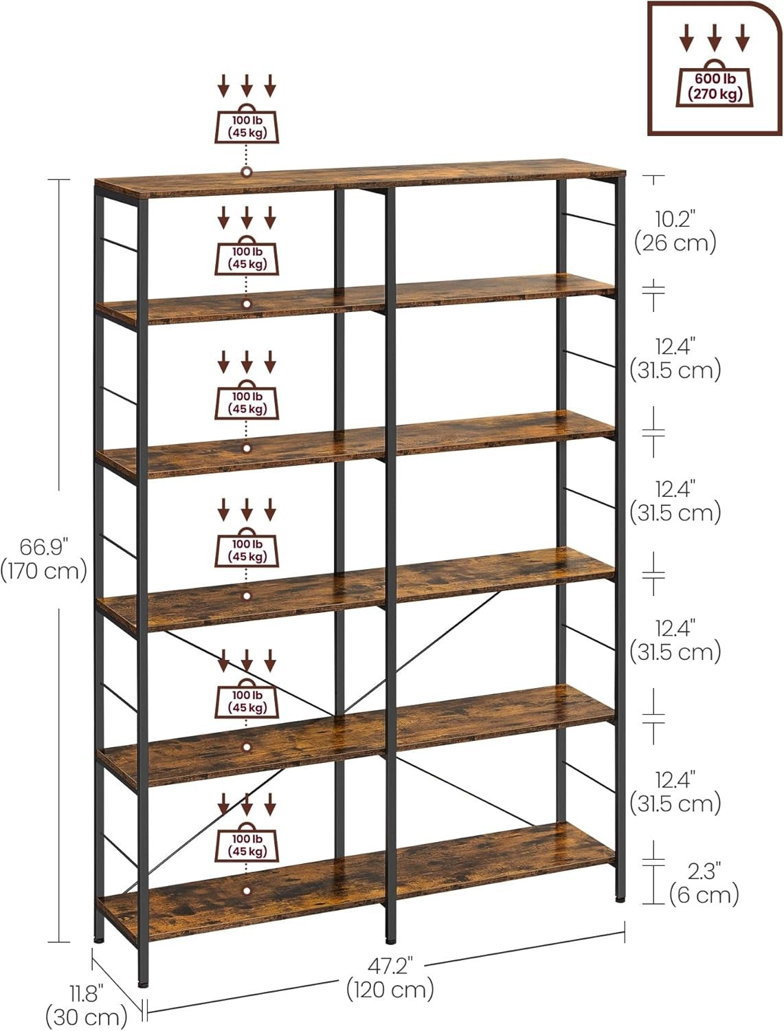 Industrial 6-Tier Tall Bookcase | Extra-Large Storage Shelf Unit 170cm Metal Woo