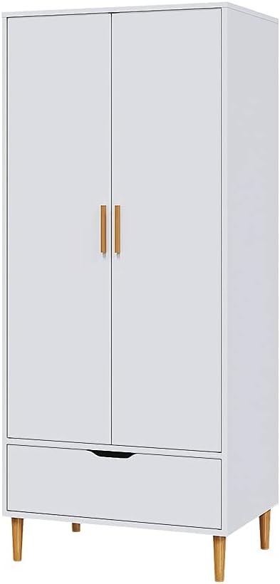 White 2 Door Wardrobe with Drawer & Rail – Modern Tall Clothes Storage