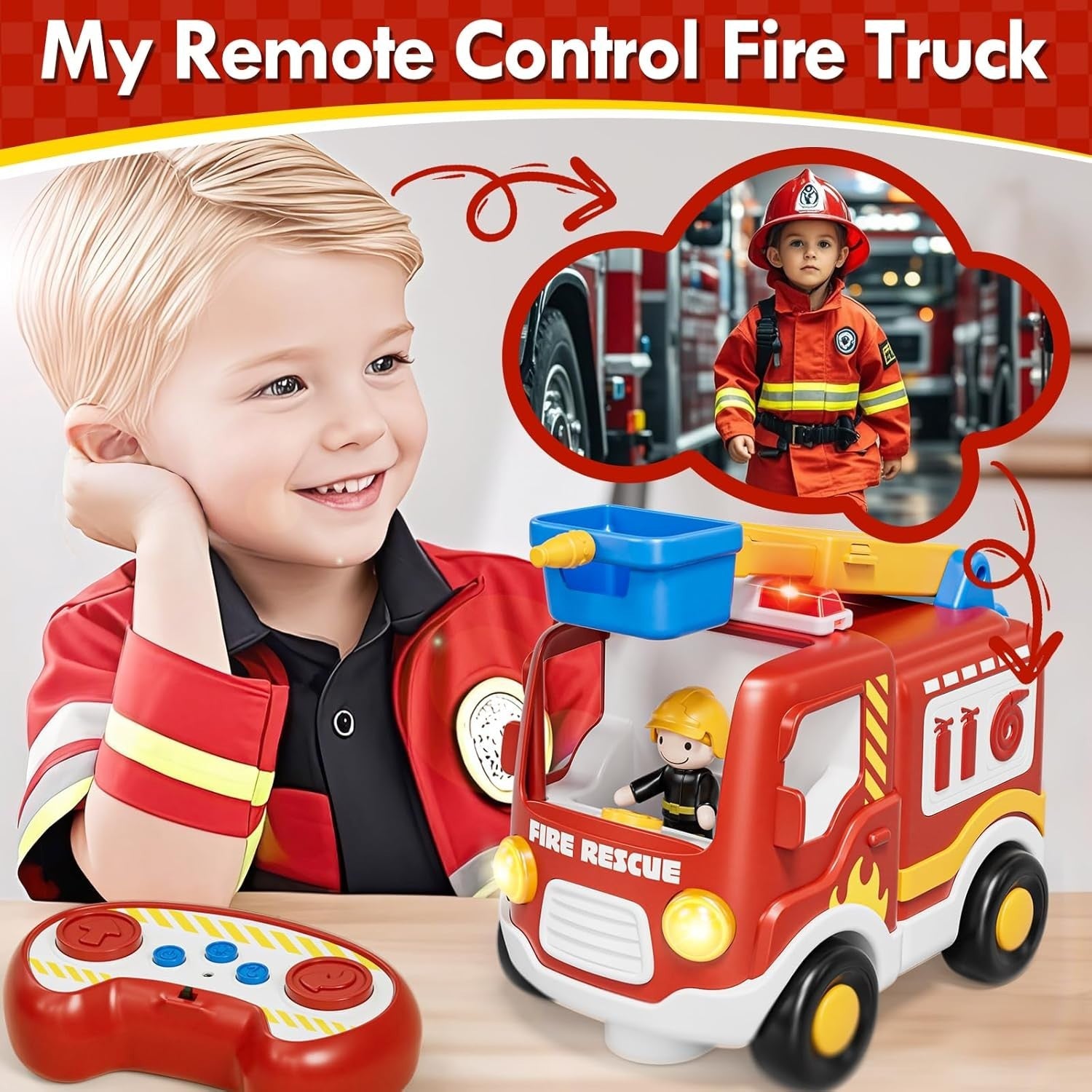 Toddler RC Fire Truck Toy with Lights & Music Remote Control Car Gift Boys Girls