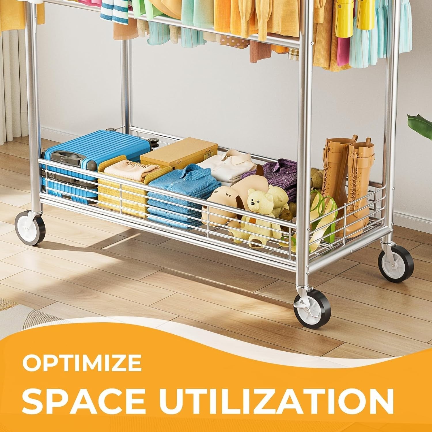 Heavy Duty Extendable Clothes Rail with Wheels, Storage Basket & 3 Hanging Rods