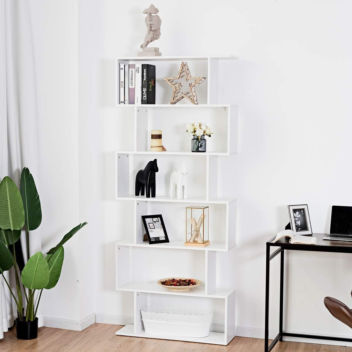 S Shaped 6 Tier Wooden Bookcase Freestanding Display Storage Shelf White