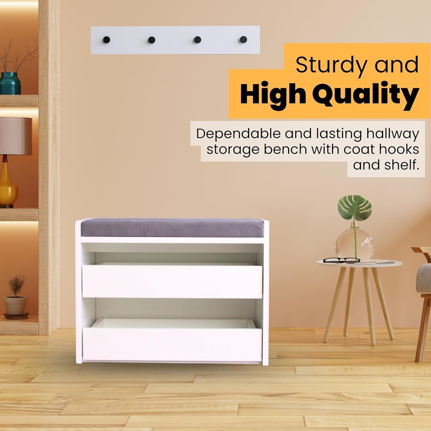 White Shoe Bench with Cushion & Wall Coat Rack Set Hallway Storage 60x35x45cm