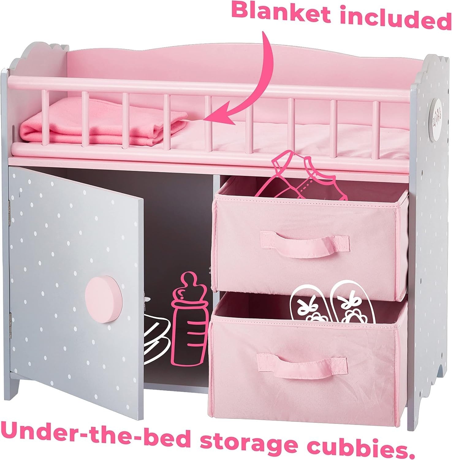Wooden Baby Doll Cot w Storage Cushion Bedding Mobile Grey Pink 57x31x79cm