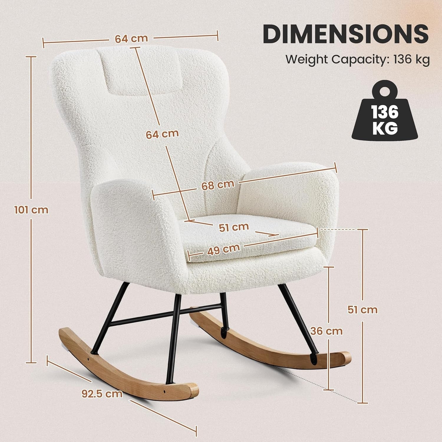 Rocking Armchair Boucle Fabric for Adults, Solid Wood Base, Cozy Lounge Chair