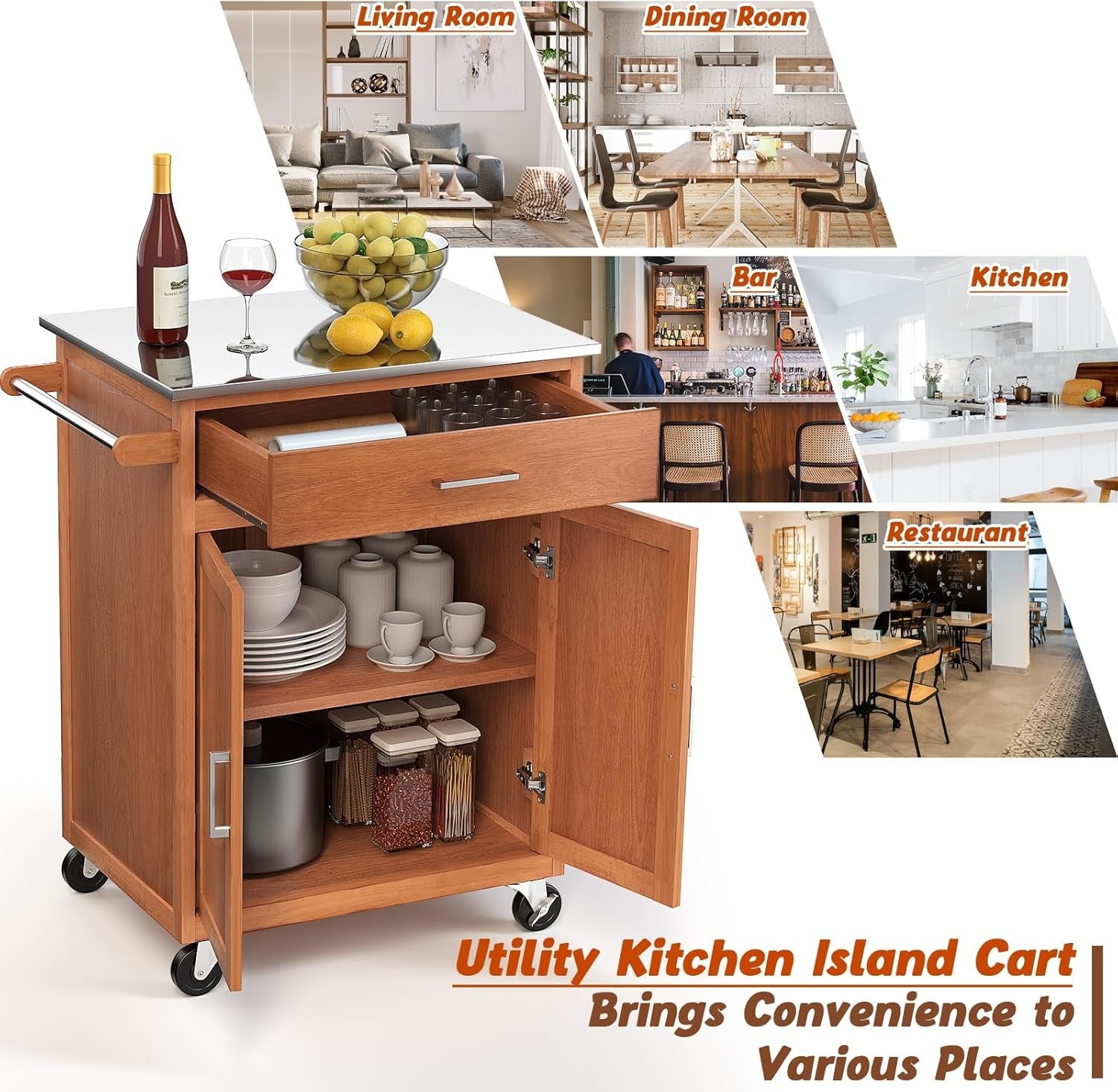 Kitchen Island Trolley Stainless Steel Top Drawer Cabinet Storage Cart Wheels