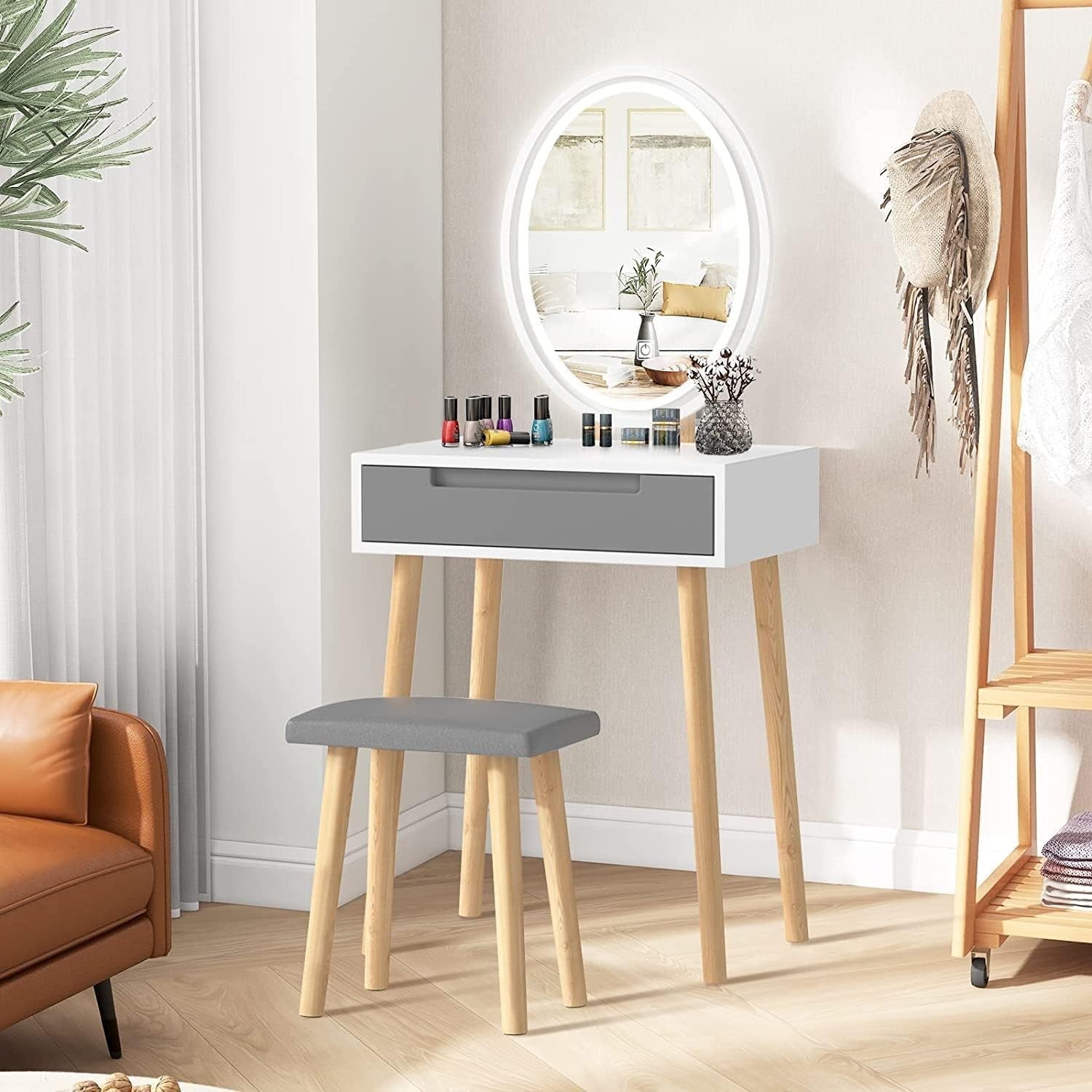 White Dressing Table LED Mirror Stool Set Vanity Desk Bedroom Makeup Storage