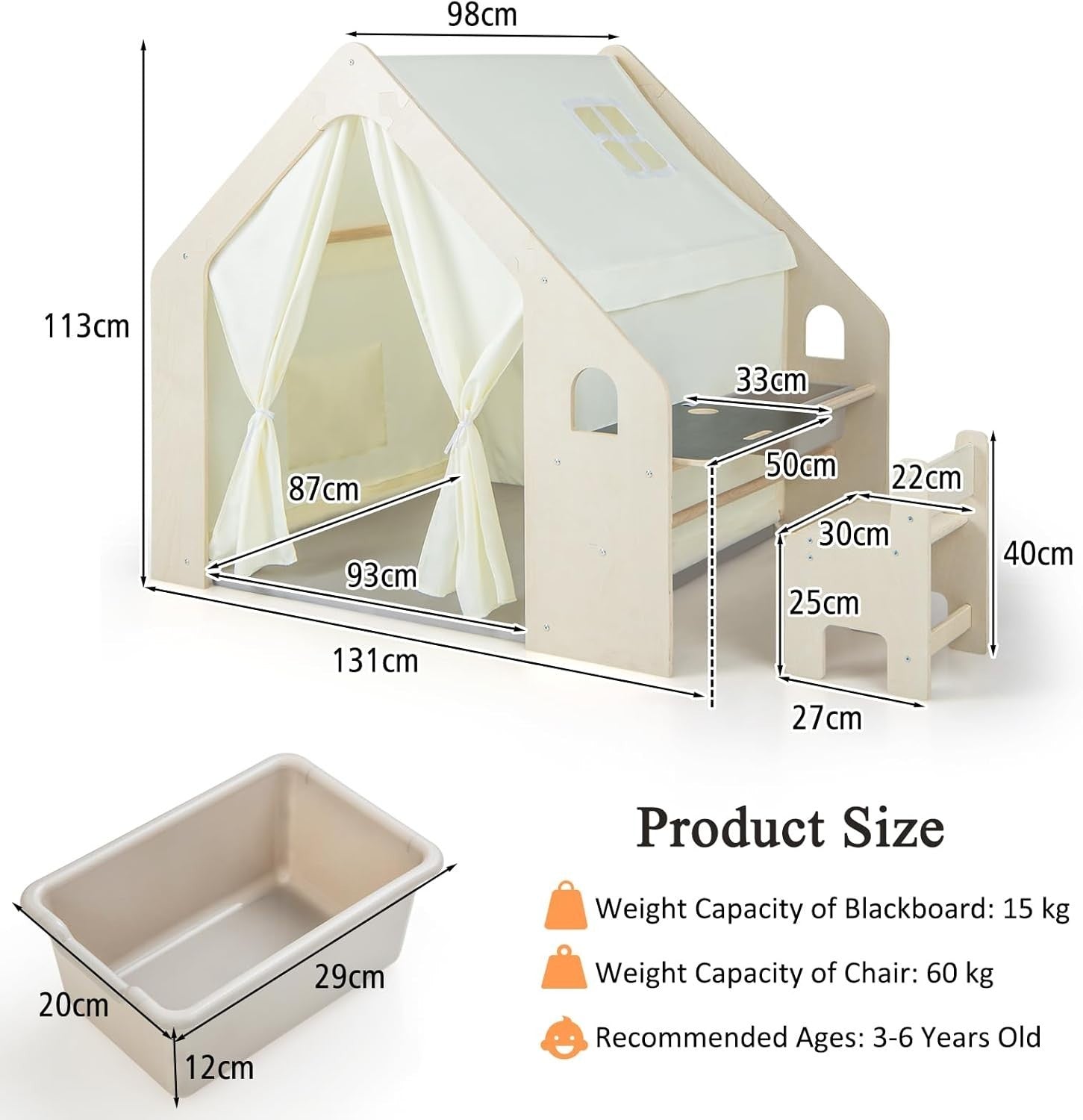 6 in 1 Wooden Kids Playhouse Tent w Desk Chair Blackboard Storage