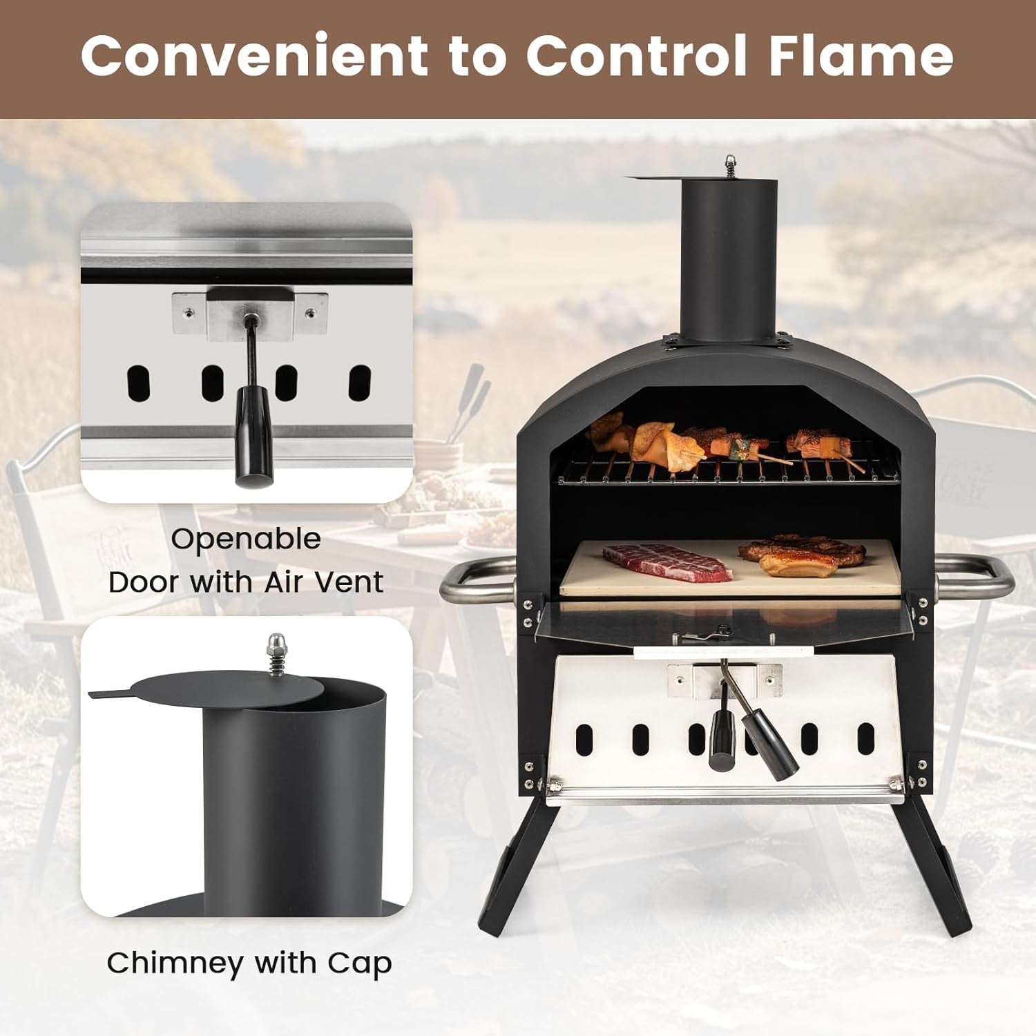 2-Layer Wood Fired Pizza Oven | Outdoor BBQ Grill, Stone & Peel Set | Foldable